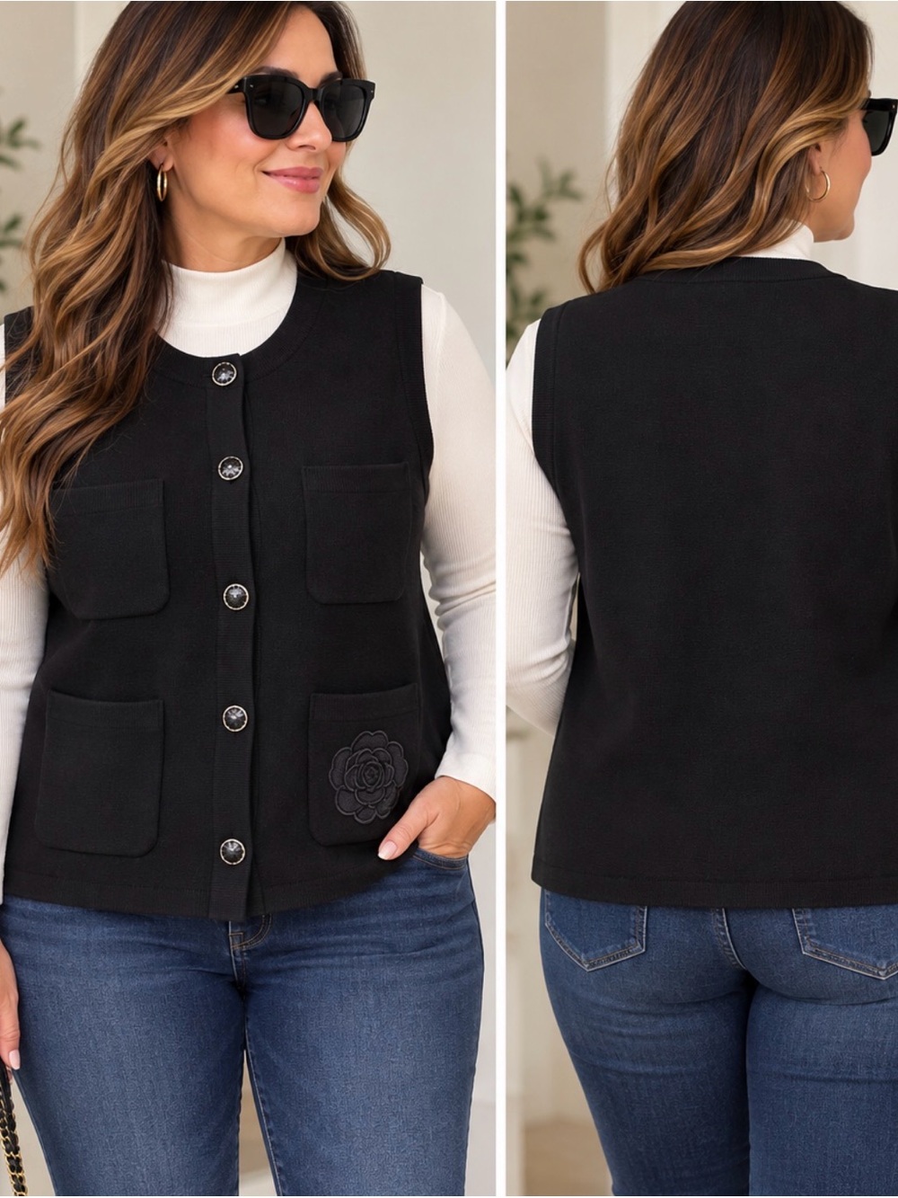 CHANEL uniform Black Wool Camellia Button-Front Vest